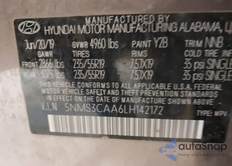 2020 Hyundai Santa Fe Sel 2.0T z USA, uszkodzony, nr VIN 5NMS3CAA6LH142172